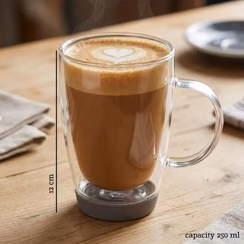 Orsina Double Walled Glass Mug, 350ml, Transparent and Grey with Silicone Base – 2