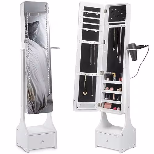 BTFY White Freestanding Mirror Jewellery Cabinet with LED Lighting and Storage Drawers, H 158 x W 47 x D 33 cm