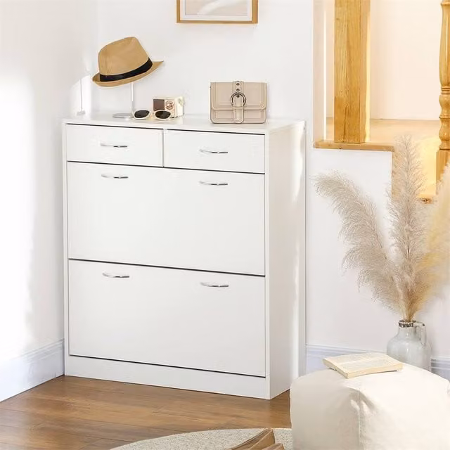EONLION White Modern Shoe Storage Cabinet with Tilting Compartments and Hinged Doors, Width: 100 cm – 1