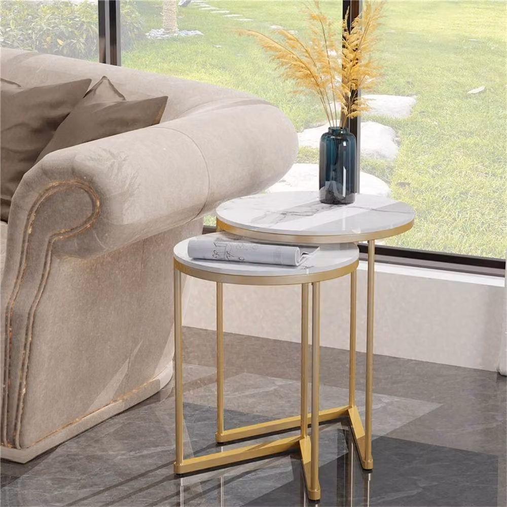 NESTLUNE Set of 2 Round White Slate Top Sofa Side End Tables with Sled Base – 2