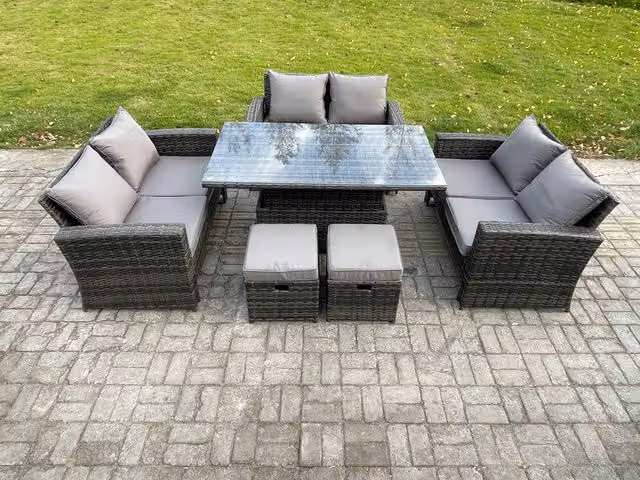 Fimous Wicker PE Rattan Garden Furniture Set with Height Adjustable Rising Lifting Table and Double Seat Sofa in Dark Grey
