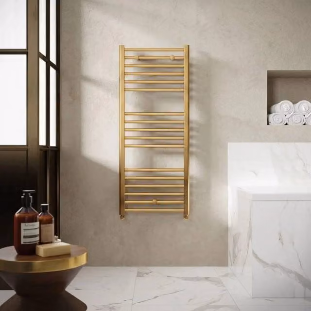 FORGEVIO Straight Heated Towel Rail in Brushed Brass Gold, W: 60 cm, H: 180 cm