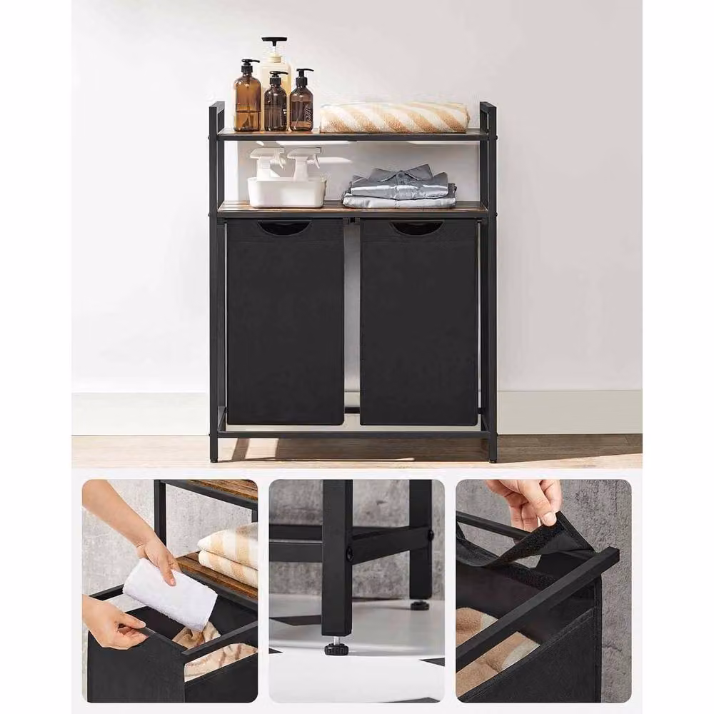 The Bazaarist Double Laundry Hamper with Pull Out Removable Bags and Shelves, Brown and Black – 7