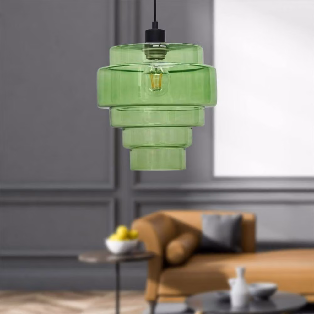 First Choice Lighting Benson 5 Tier Green Glass and Black Modern Suspended Ceiling Pendant Light Fixture – 2