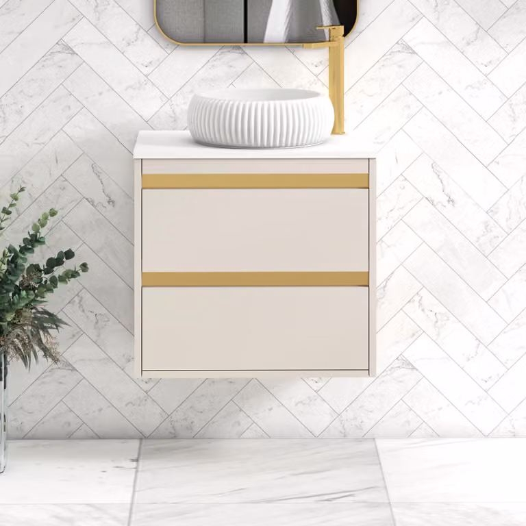 Royal Bathrooms Orion 600mm Warm Taupe Wall Hung 2 Drawer Vanity Unit with Milan White Basin and Brushed Brass Trim