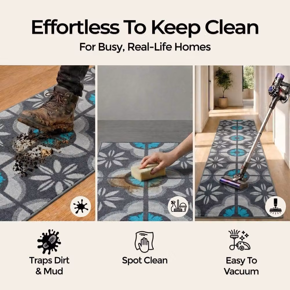 Bravich LTD Floral Tile Hallway Runner Rug, Blue, W: 60 cm, L: 120 cm – 4