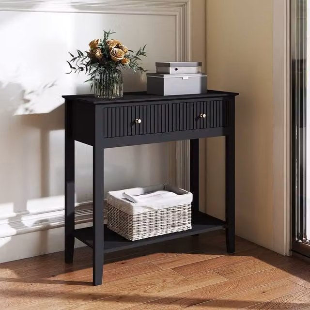 Melody Maison Hales Black 2 Drawer Console Dressing Table with Gold Accents – 1