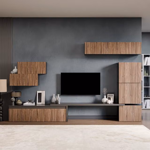 Decorotika Karma Wall Mounted Modern Lowboard Entertainment Center in Black with Geometric Pattern and Hinged Doors
