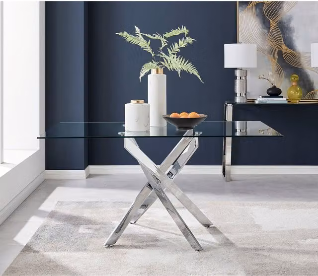 FurnitureboxUK Leonardo White Glass Rectangular Dining Table and 6 Milan Black Leg Faux Leather Dining Chairs