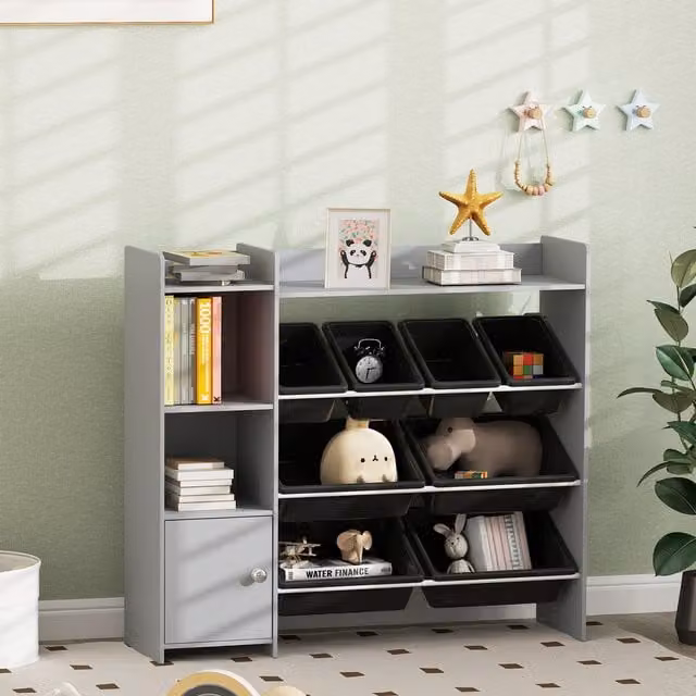 AIYAPLAY Toy Storage Unit with 8 Removable Bins and Shelves, Grey