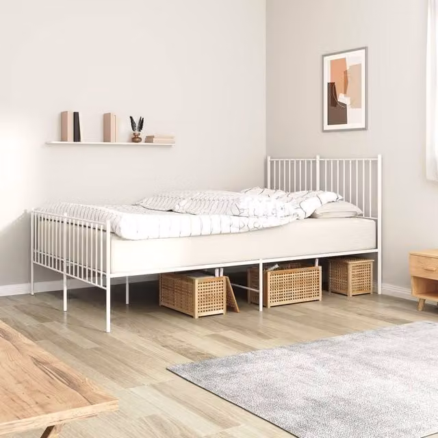 Berkfield Home Metal Bed Frame with Headboard and Footboard, White, W: 135 cm, L: 190 cm
