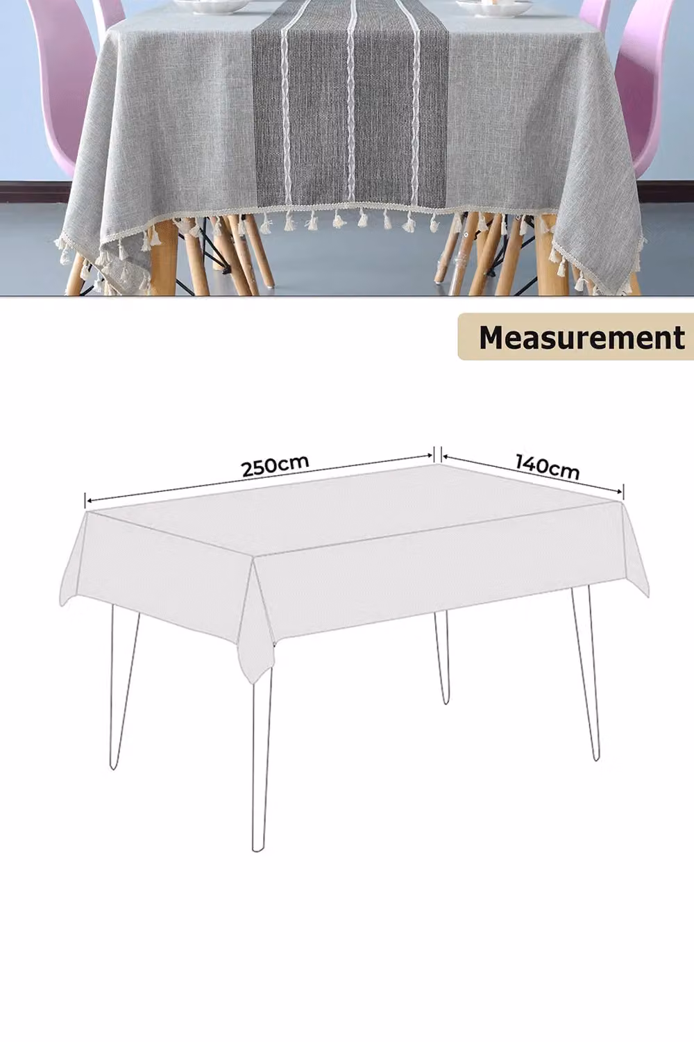 Neel Blue Grey Embroidery Stitch and Fringe Tassels Rectangular Tablecloth, W: 140 cm, L: 250 cm – 2