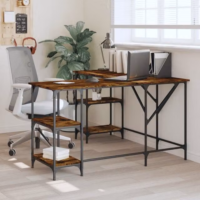 Berkfield Home Smoked Oak Corner Desk in Brown, W/D/H: 139 x 139 x 75 cm