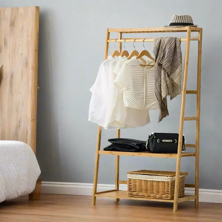 Modcraft Natural Wood Freestanding Clothes Rail with Dual Hook and Rail Matrix for Hallway or Bedroom