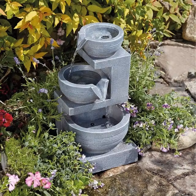 Serenity Cascade Tiered Round Bowl Water Feature in Grey Stone