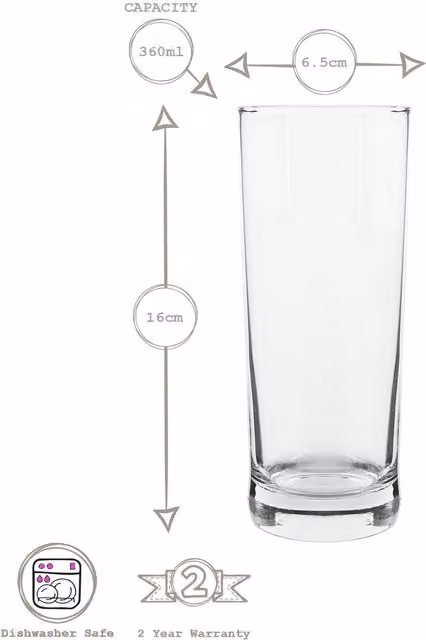 LAV Liberty Highball Glasses, Transparent, 360ml, Pack of 12