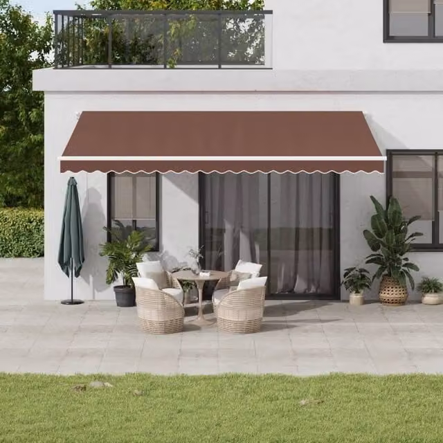 Berkfield Home Manual Retractable Awning with LED in Brown, W: 500 cm, D: 300 cm – 1