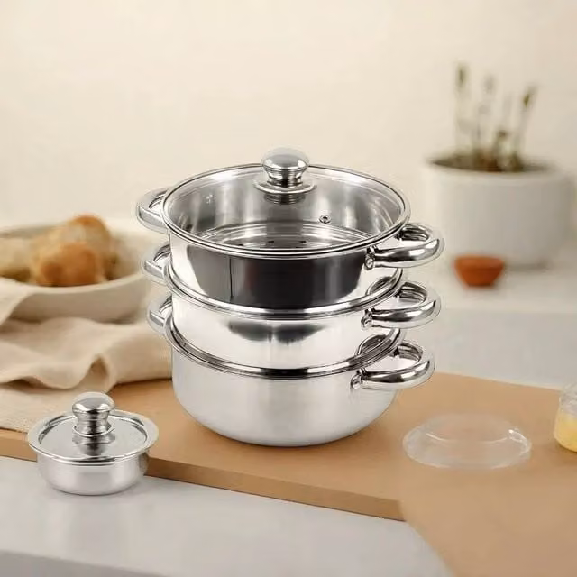 EONLION 3 Tier Stainless Steel Steamer Pot with Glass Lid, Silver, Diameter: 22 cm