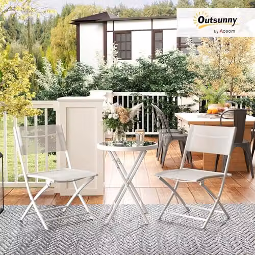 Outsunny 3 Piece Outdoor Bistro Set with Round Glass Top Table and 2 Folding Chairs in White – 2
