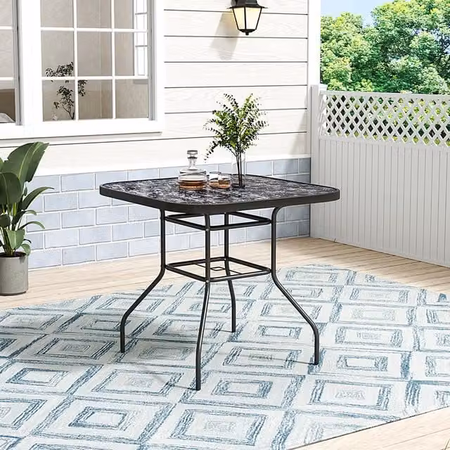 Lifeideas Garden Square Marble Effect Coffee Table in Black with Tempered Glass and Metal