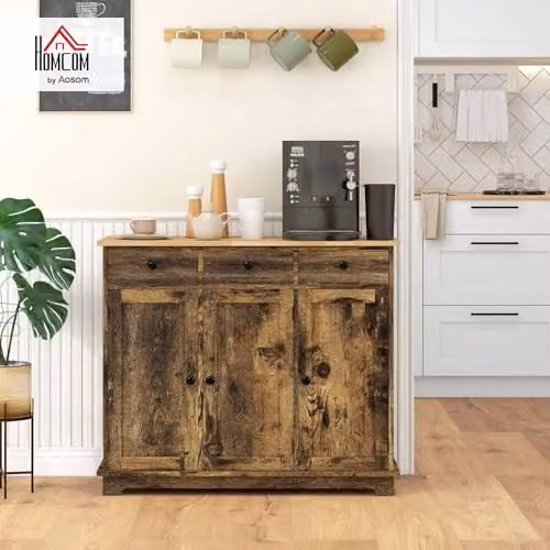 HOMCOM Modern Sideboard Storage Cabinet with 3 Doors and 3 Drawers in Rustic Brown – 2