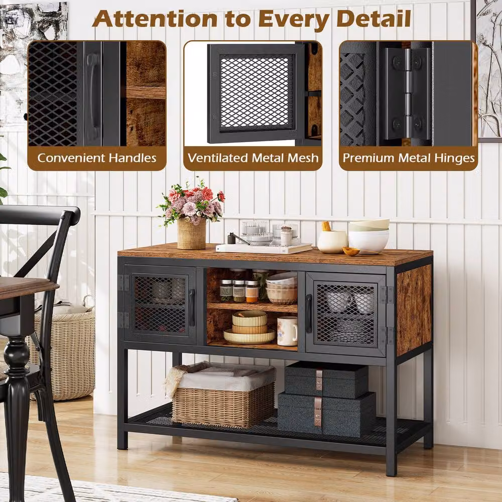 Gymax Industrial Entryway Storage Table and Sideboard with 2 Metal Mesh Doors in Brown – 9