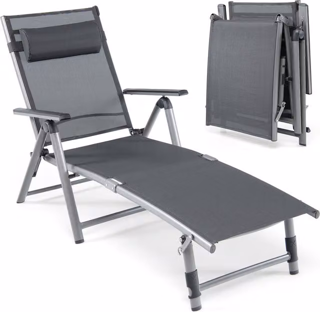 Costway Grey Outdoor Aluminum Folding Chaise Lounge Chair with Adjustable Headrest and Armrests
