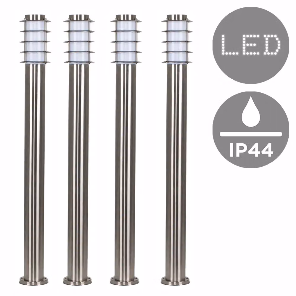 ValueLights Wharf Pack of 4 Silver Stainless Steel Outdoor Ground Post Bollard Lights – 2