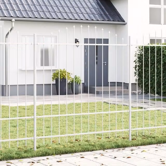 Berkfield Home White Powder-Coated Steel Garden Fence with Round Hoop Top, H: 170 cm, W: 100 cm, D: 5 cm
