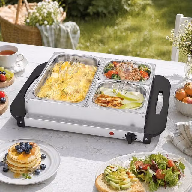 STILVORA Electric Buffet Server with 3 Trays and Warming Plate in Silver Stainless Steel – 1