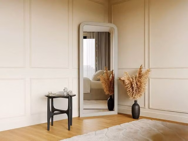 Vente-unique Large Rectangular Paulownia Wood Wall Mirror in White and Gold, W: 80 cm, H: 180 cm – 1