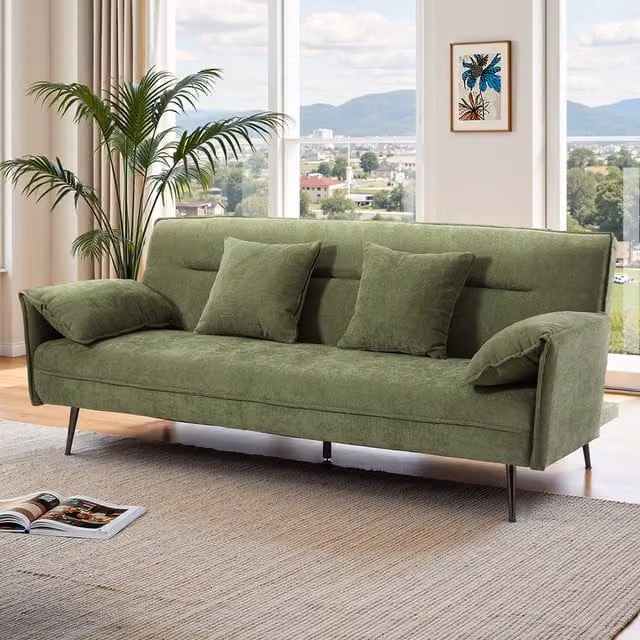 Livingandhome 3 Seater Contemporary Click Clack Convertible Sofa Bed with 2 Scatter Cushions in Green