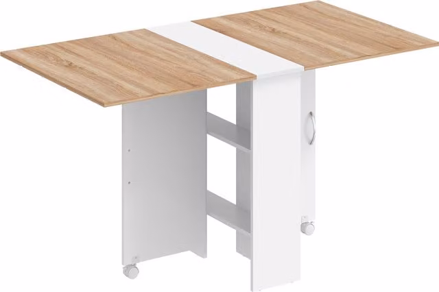 HOMCOM White and Natural Folding Dining Table with Drop Leaf, 2-Tier Shelves and Rolling Casters