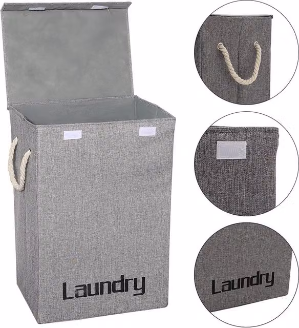 Livingandhome Grey Cotton Flax Foldable Dirty Clothes Storage Hamper with Lid and Handles