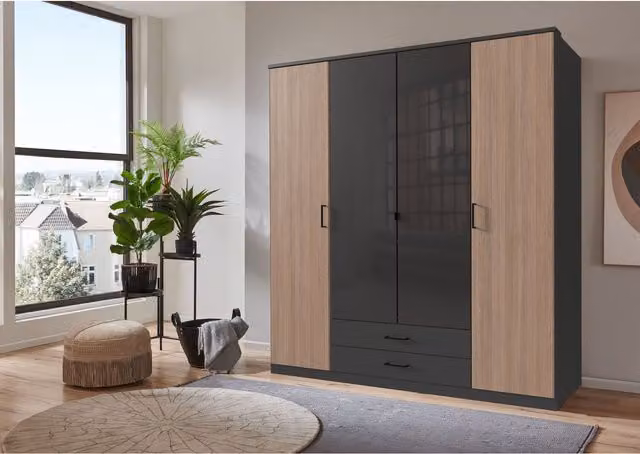 TJS Fulda 4-Door Wardrobe in Graphite and Multiplex Optic, Width: 180 cm