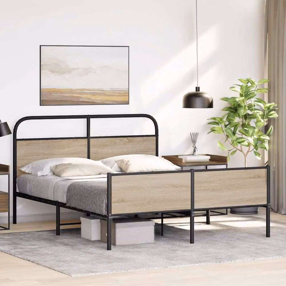 Berkfield Home Metal Bed Frame in Smoked Oak Light Brown W: 160 cm, L: 200 cm – 2