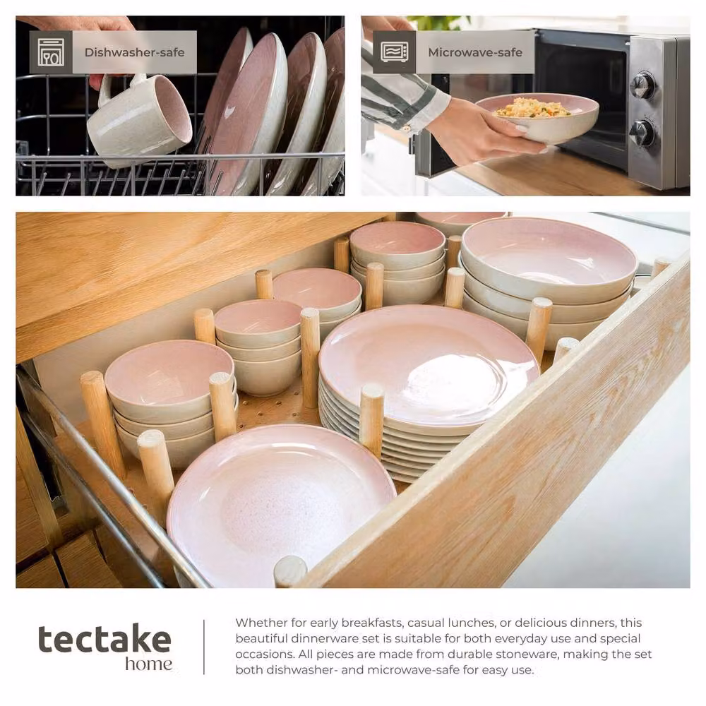 tectake Mare Glazed Stoneware Dinner Set for 6 People in Pink – 3