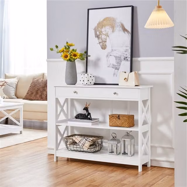 Yaheetech Modern White Console Table with Drawer and Shelves