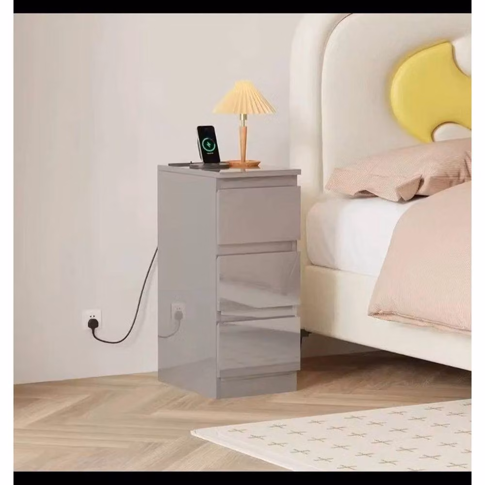 KORVIXA Grey High Gloss 2-Piece Narrow Bedside Table Set – 2