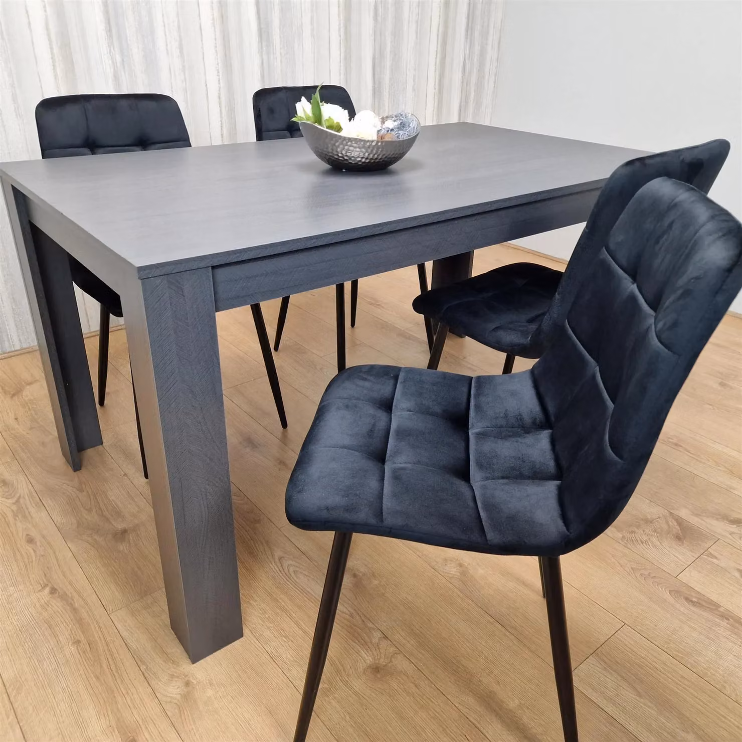 KOSY KOALA Modern Rectangular Dining Set with 4 Dark Grey Velvet Chairs and Brown Wood Table – 2