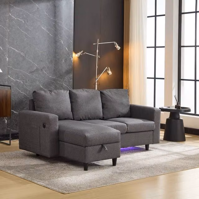ModernLuxe 3 Seater Reversible Fabric Sofa in Grey with LED Lighting, USB Charging and Pull Out Drawer, W/D/H: 180 x 120 x 72 cm