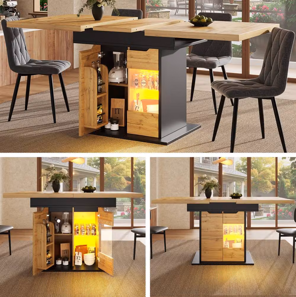 STILVORA Modern Rectangular Extendable Dining Table with LED Lighting and Storage in Black, W/D/H: 110 x 80 x 76 cm – 6