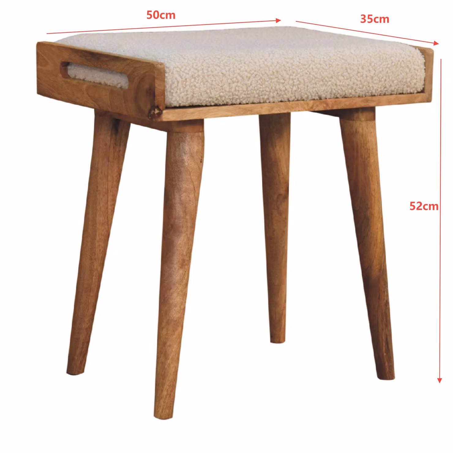 Aosom UK Solid Mango Wood Tray-Style Footstool with Bouclé Upholstered Seat and Scandi Legs, Brown/Beige, W/D/H: 50 x 35 x 52 cm – 2