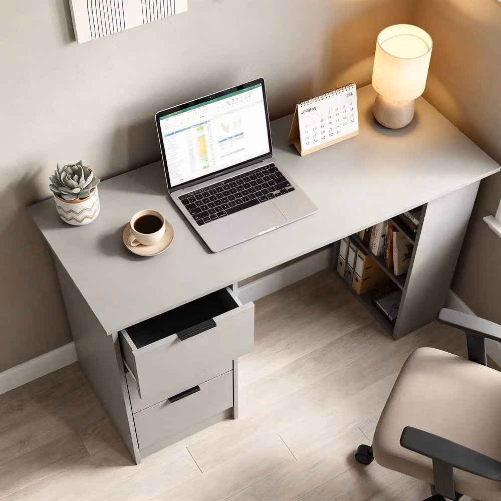 Home Source Modern Computer Desk with 3 Drawers and Open Shelving in Grey and White – 3