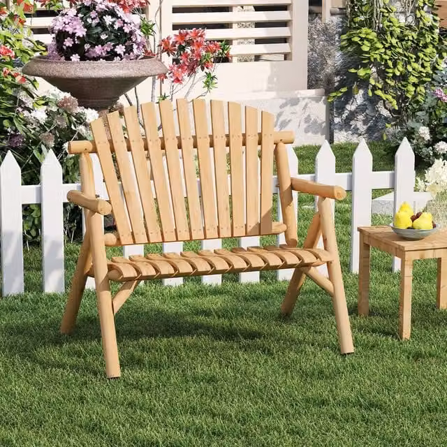 Costway Wooden 2-Seater Patio Loveseat Lounge Chair with Backrest in Natural Brown – 1