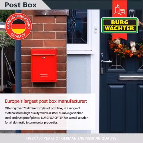 Burg-Wächter MB19R Trent Wall Mounted Galvanised Steel Lockable Weatherproof Post Box, Red, W: 26 cm, H: 34 cm, D: 9 cm – 4