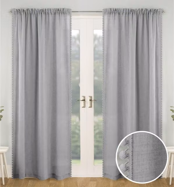 Tyrone Textiles Pair of Grey Sheer Voile Fabric Panels with Rod Pocket and Pom-Pom Trim, Width: 122 cm