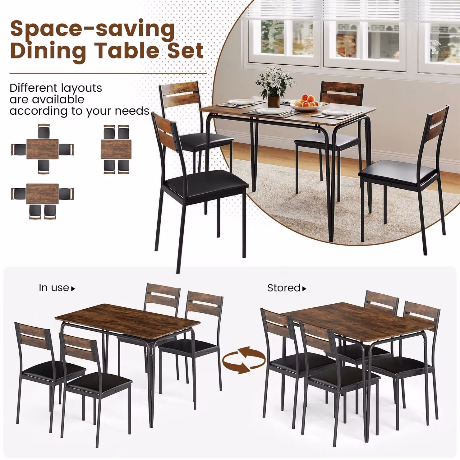 Costway 5-Piece Rectangular Dining Table and 4 Armless Chairs Set in Brown – 4
