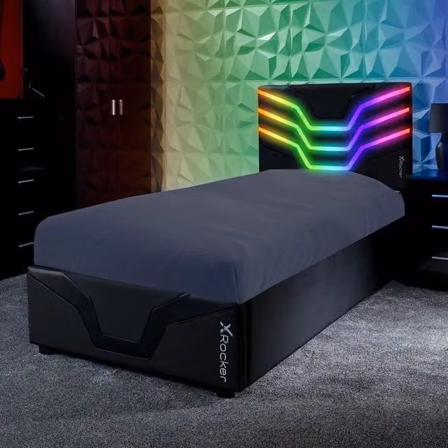 X Rocker Cosmos Single Bed with Under-Bed LED Lighting and Mattress in Black Synthetic Leather, W/D/H: 90 x 200 cm