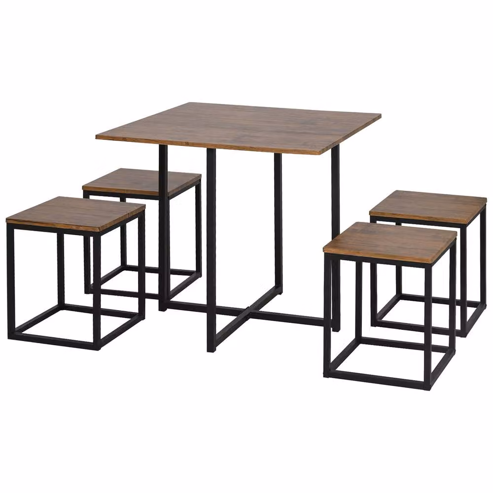 STILVORA Industrial Dining Table and Chairs Set with Brown Wood Effect Top and Metal Frame – 4